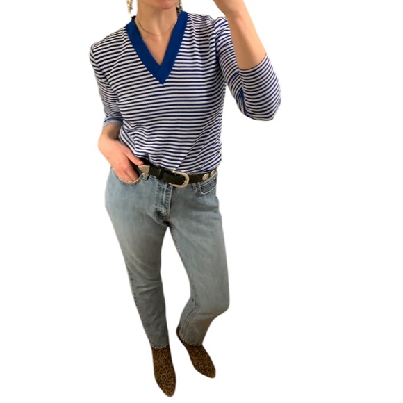 VTG Blue White Stripe V Neck Knit Pullover Sweater Jumper Academia Prep XS S M - Picture 3 of 16